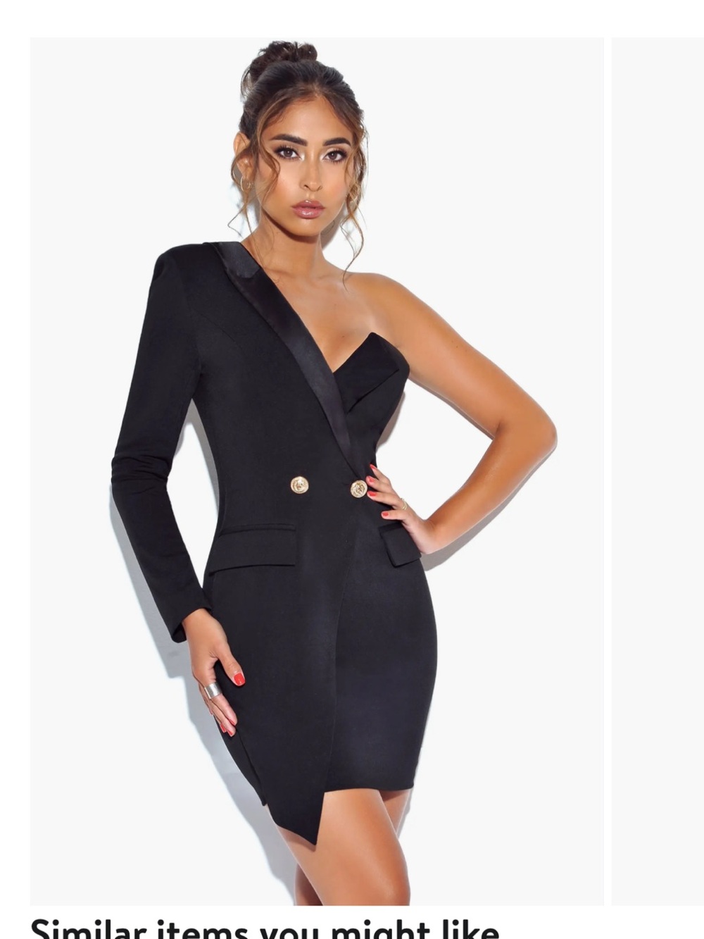 Miss Circle One-Shoulder Black Blazer Dress with Gold Buttons